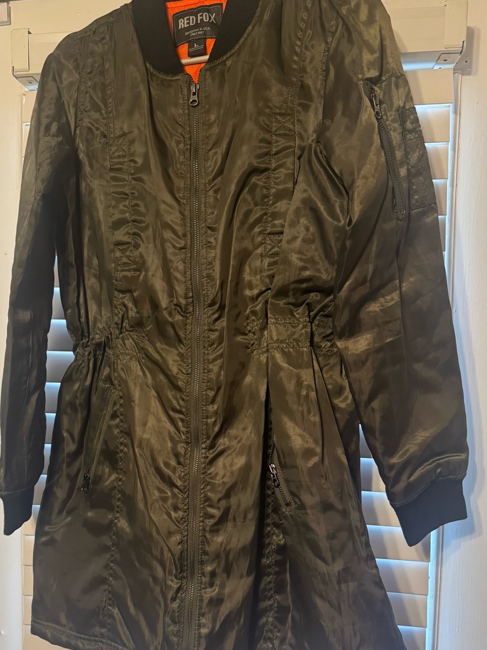 Red Fox Olive Green Women's Long Bomber Coat
